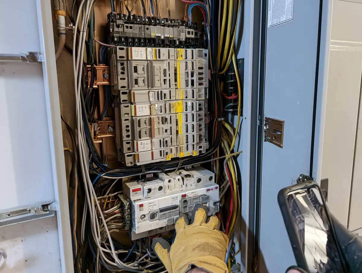 Open breaker panel with neatly labelled breakers