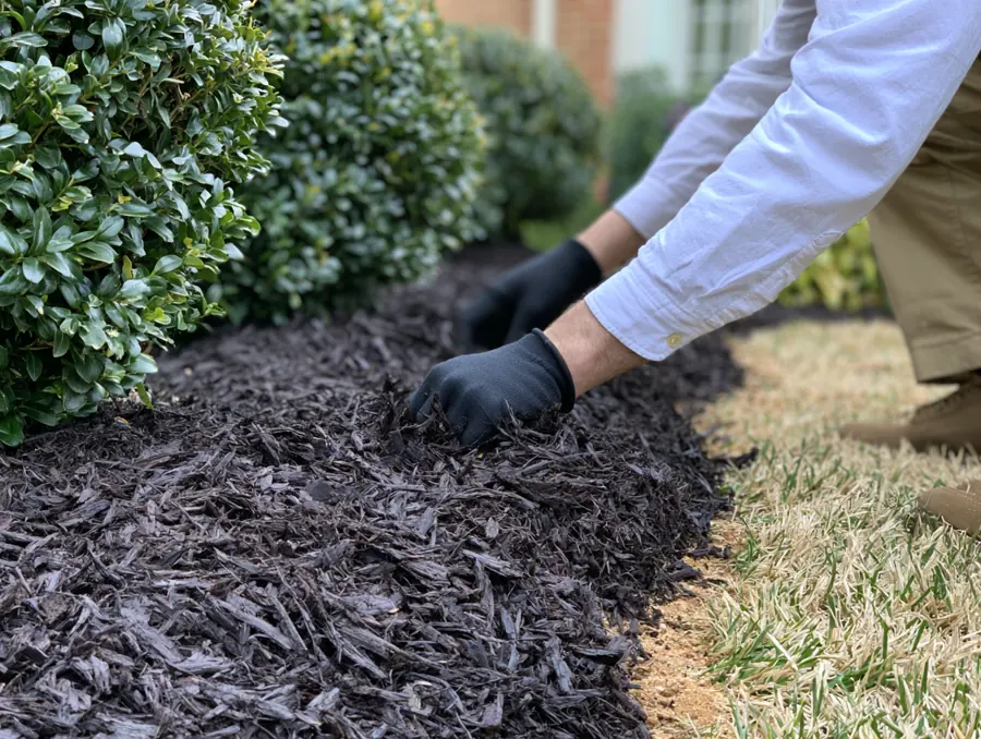 Laying fresh dark mulch around trimmed shrubs