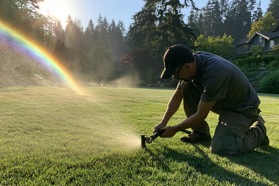 Adjusting a sprinkler head in a green lawn